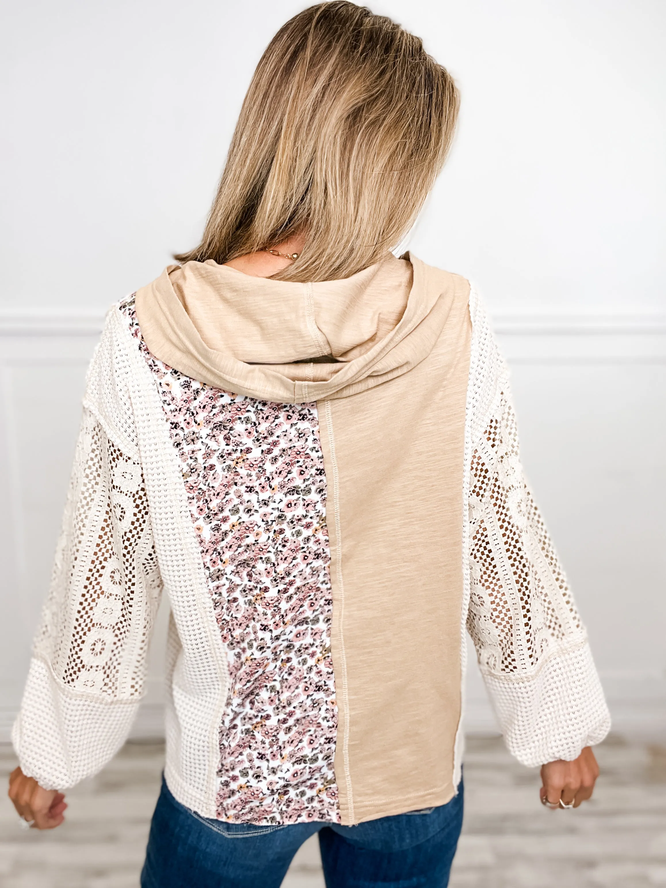 Slub Jersey Knit Henley Hooded Top with Lace Contrast