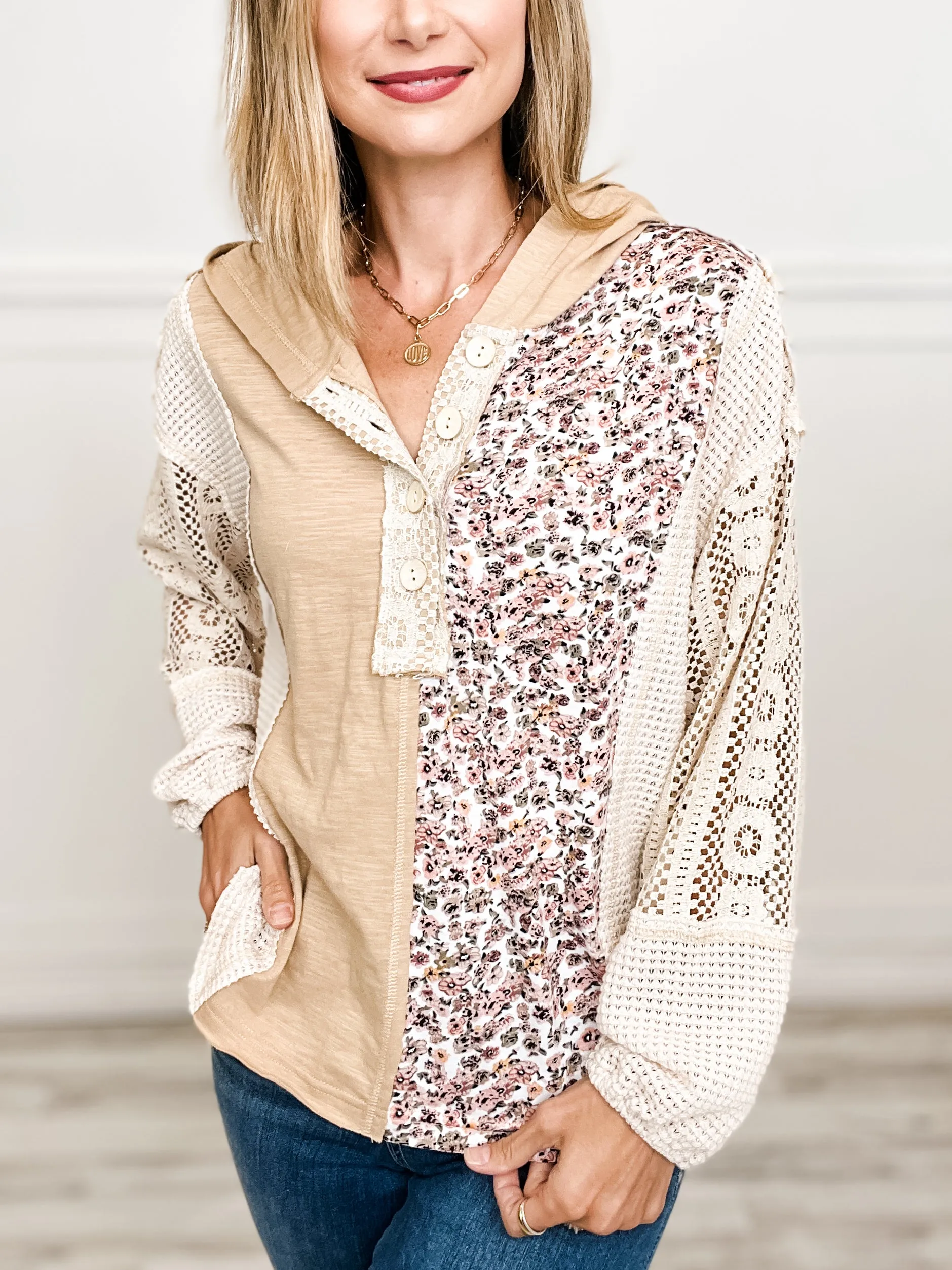 Slub Jersey Knit Henley Hooded Top with Lace Contrast