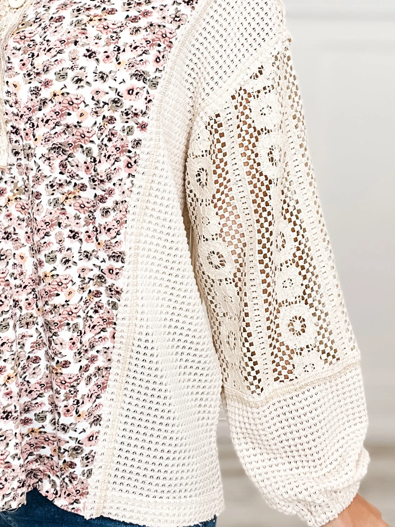 Slub Jersey Knit Henley Hooded Top with Lace Contrast