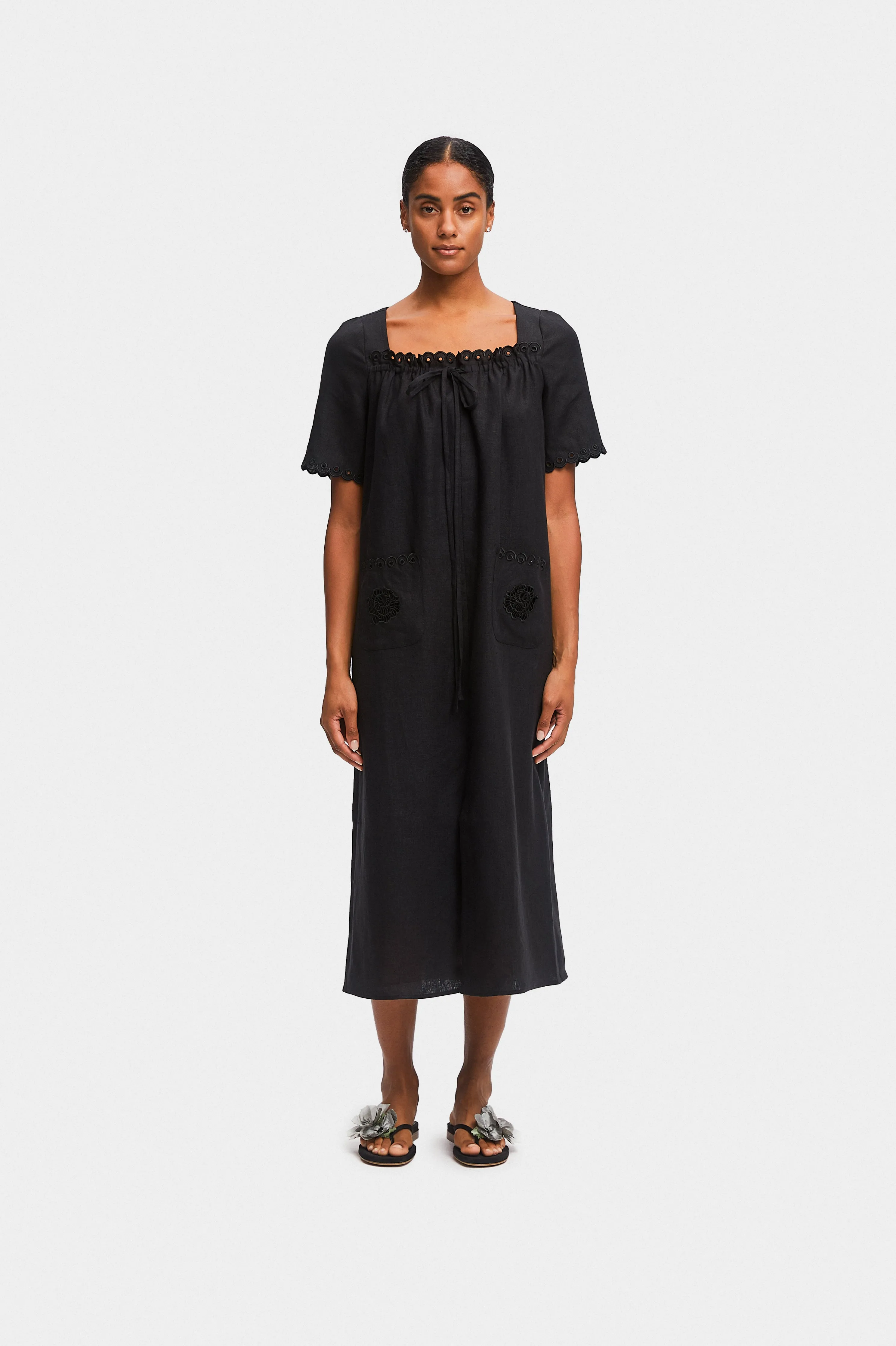 Sofia Linen Embroidered Midi Dress
