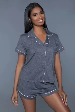 Soft Jersey Pajama Set With Buttoned Short Sleeves Top And Stretch Waist Bottoms