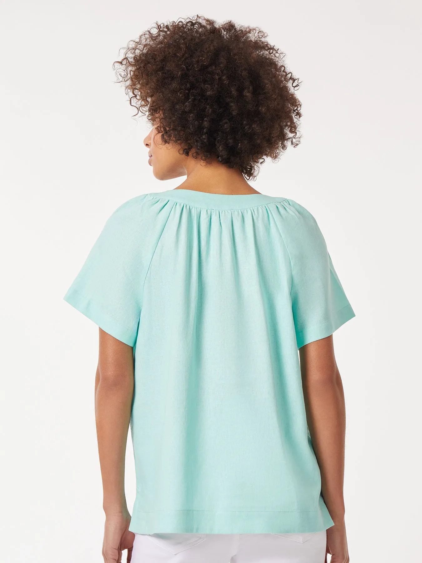 Solid Linen Blend Popover Blouse
