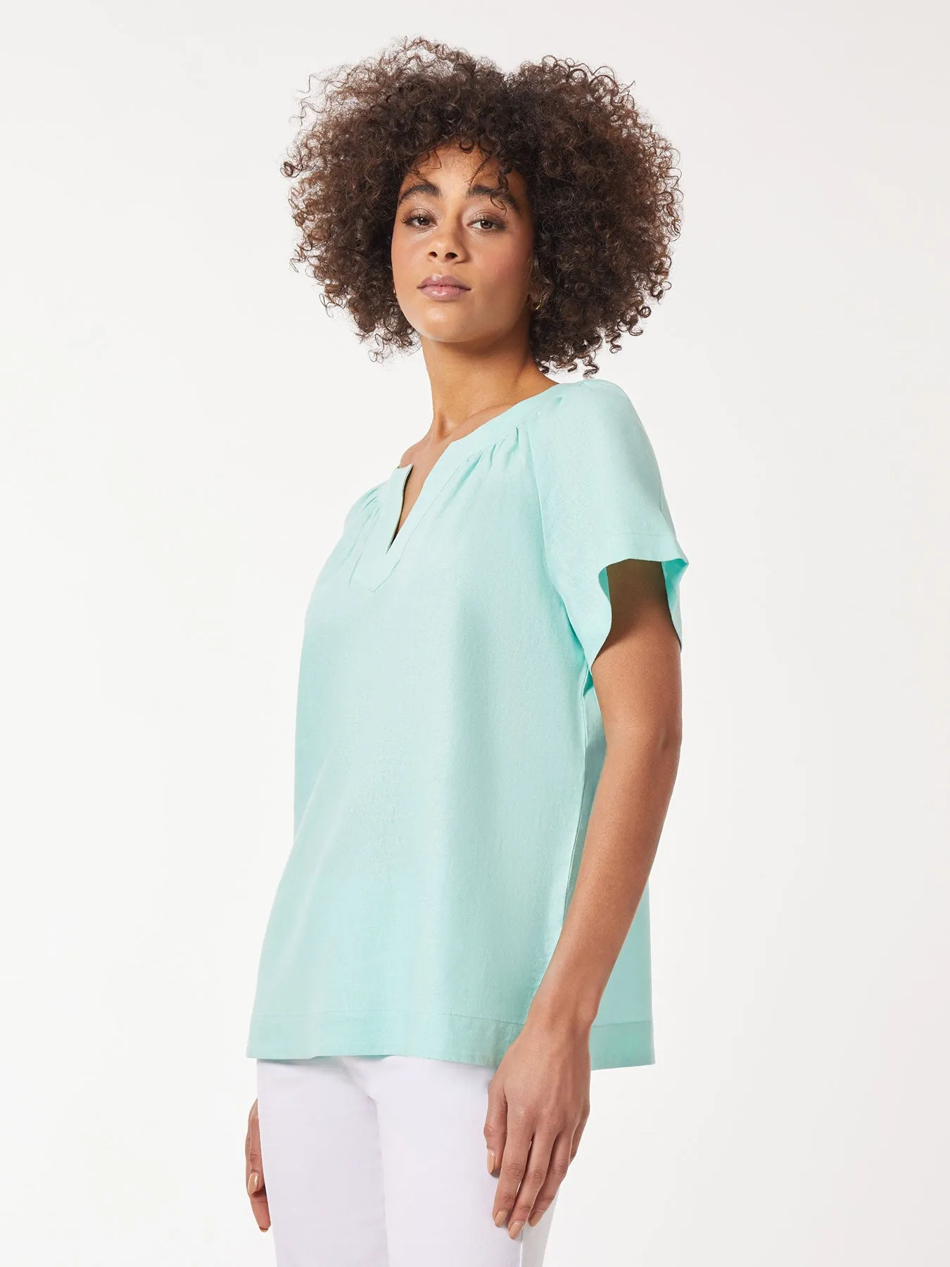 Solid Linen Blend Popover Blouse