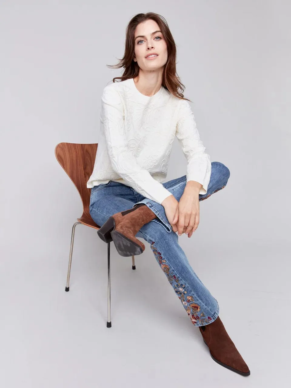 Soutache Embroidered Ecru Sweater