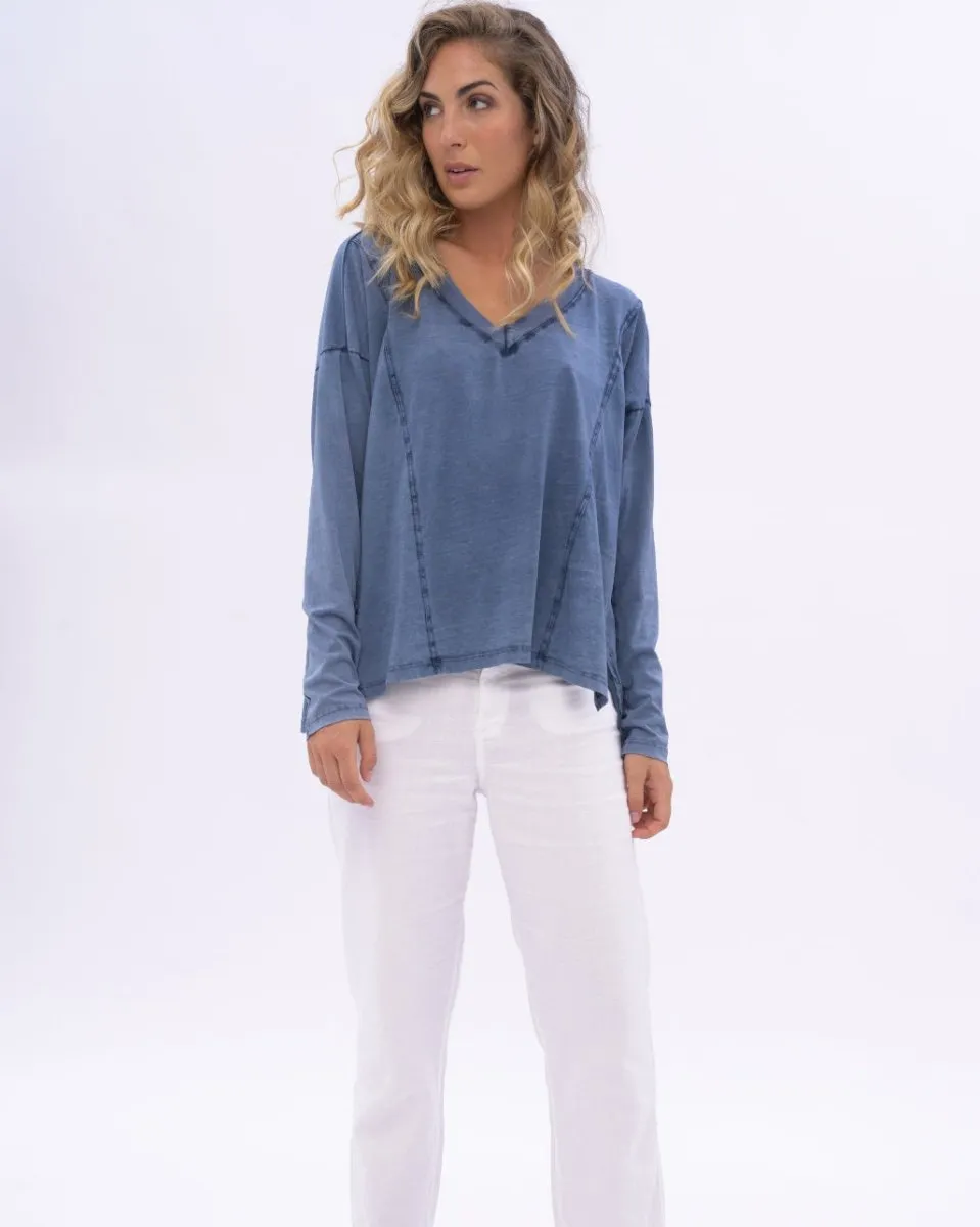 Stonewashed V-neck Organic Cotton Long Sleeve