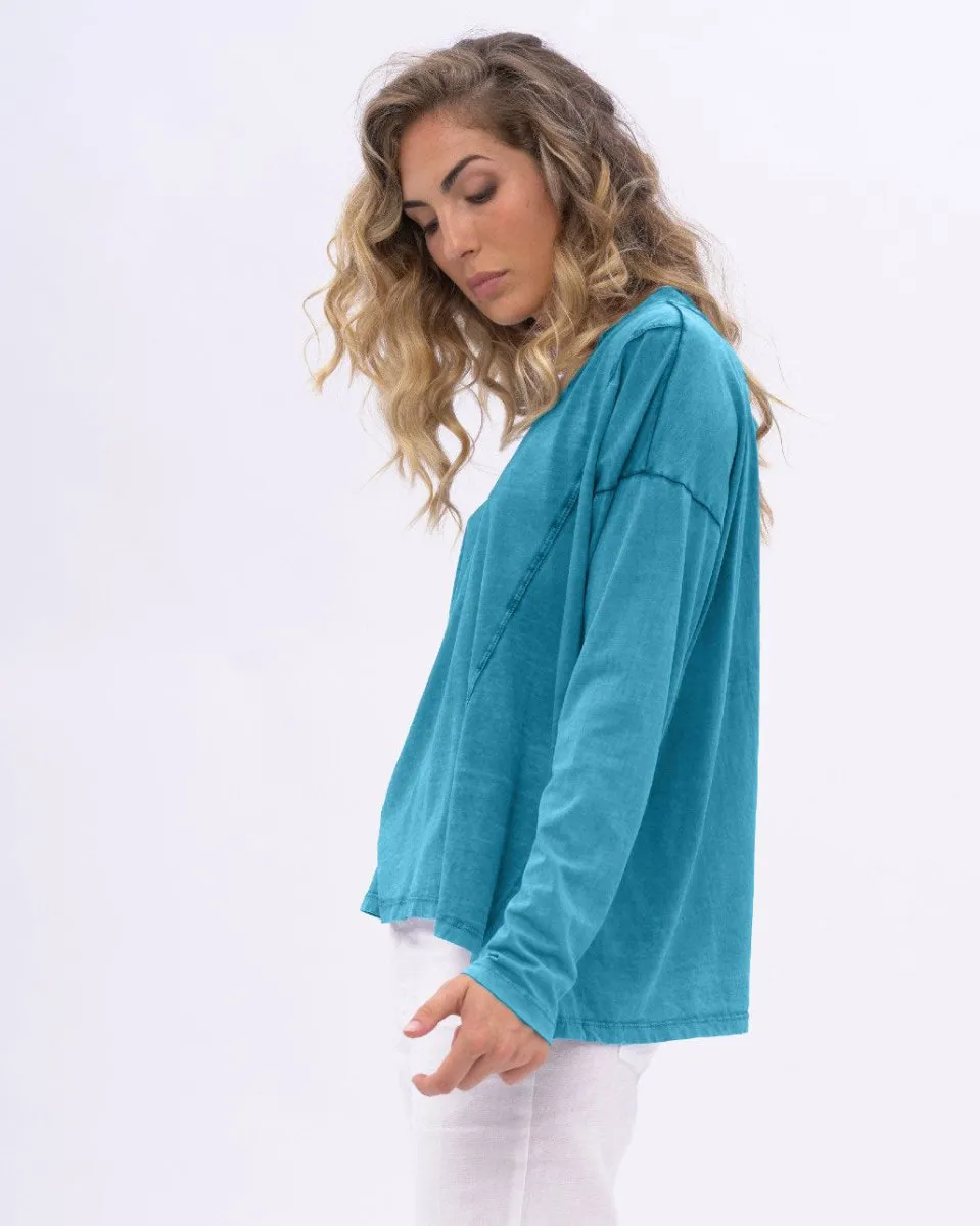 Stonewashed V-neck Organic Cotton Long Sleeve