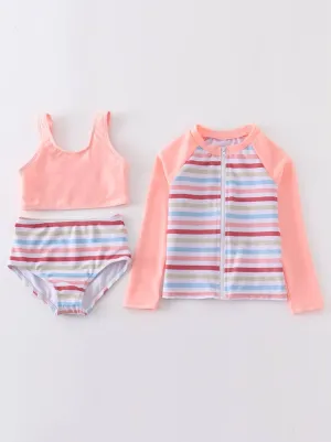 Striped 3 Piece Swim Suit with Bikini Set and Rashguard