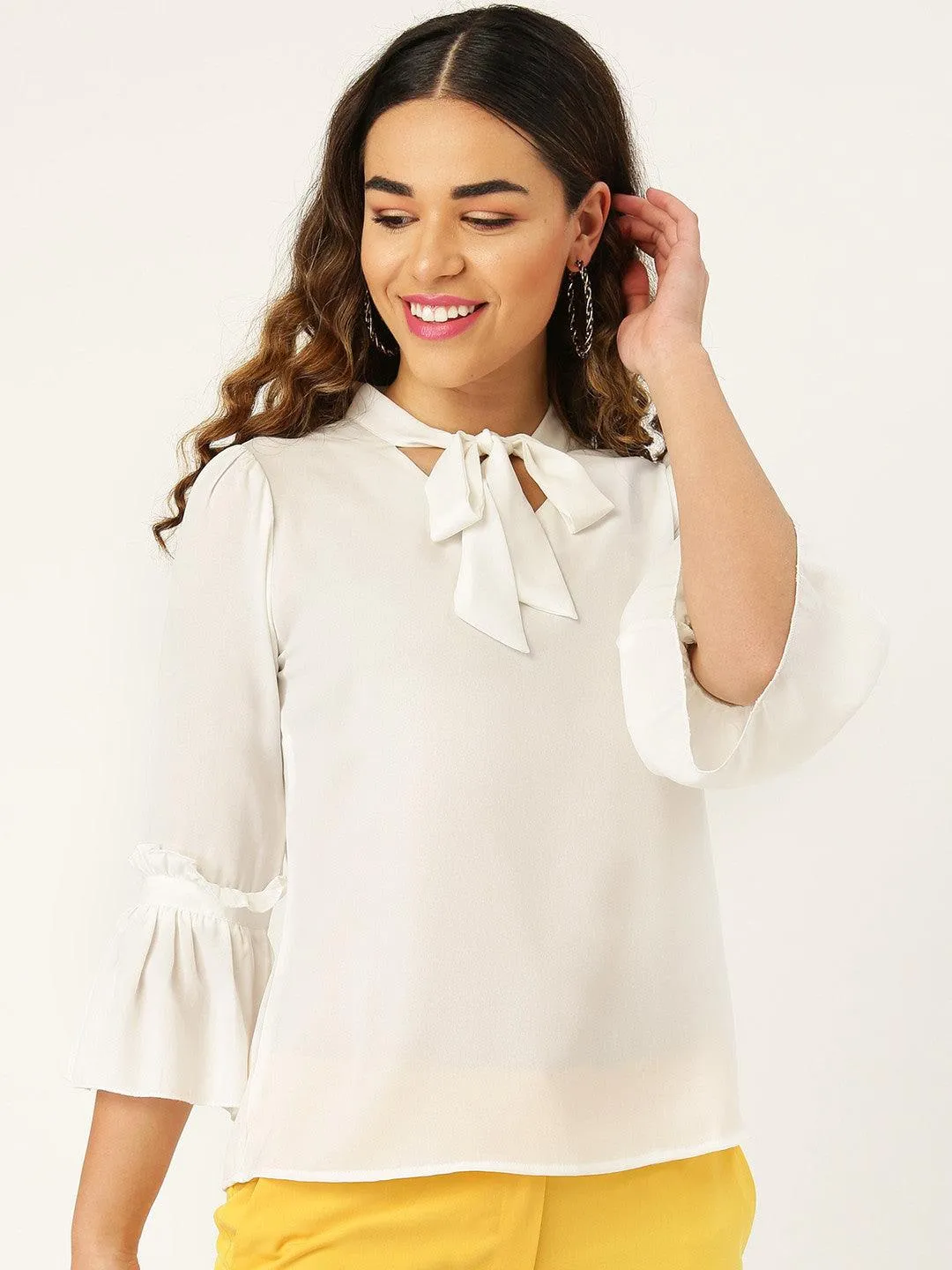Style Quotient Women Solid White Polymoss Regular smart casual Top