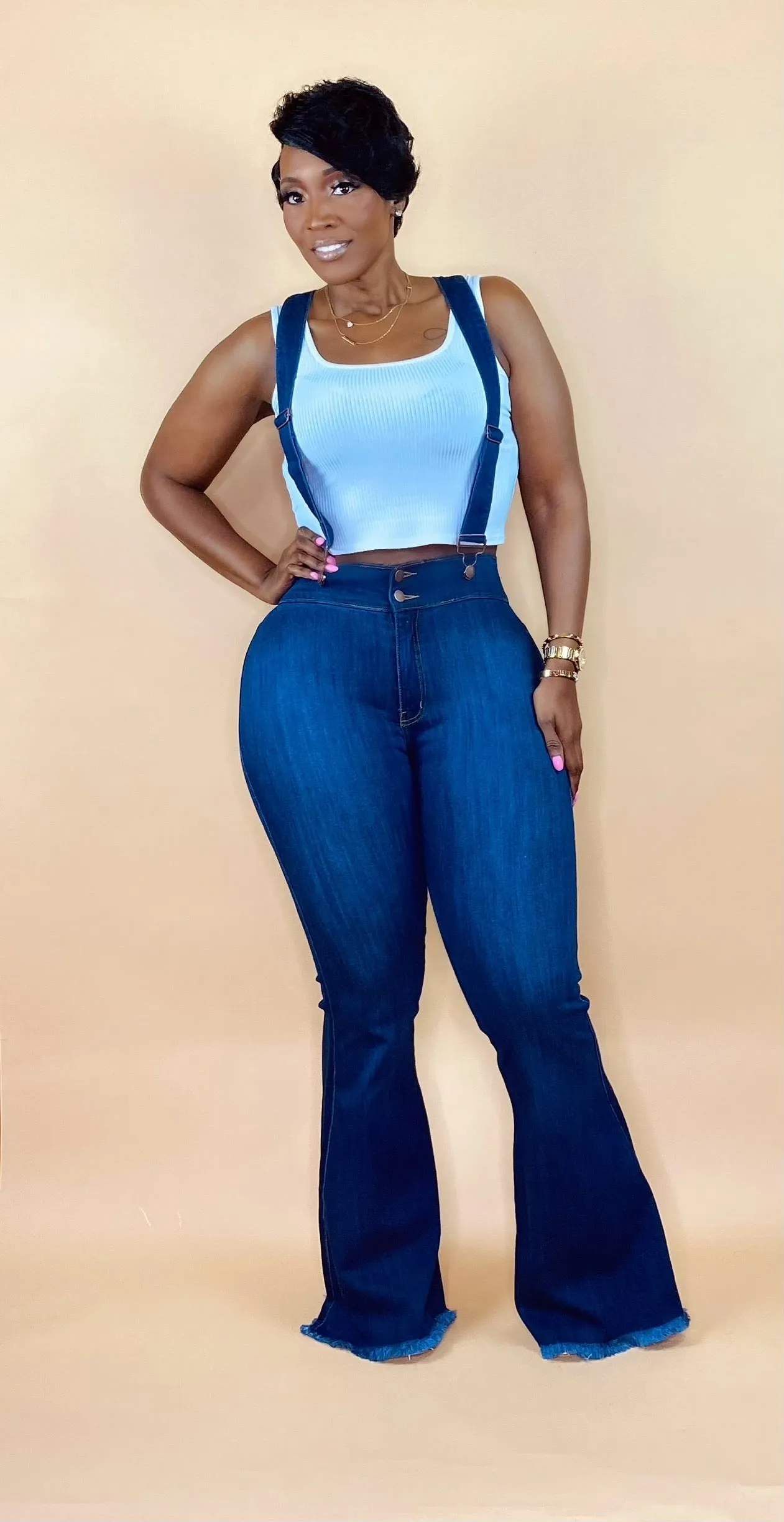 SUSPENDER FLARE DENIM JEANS