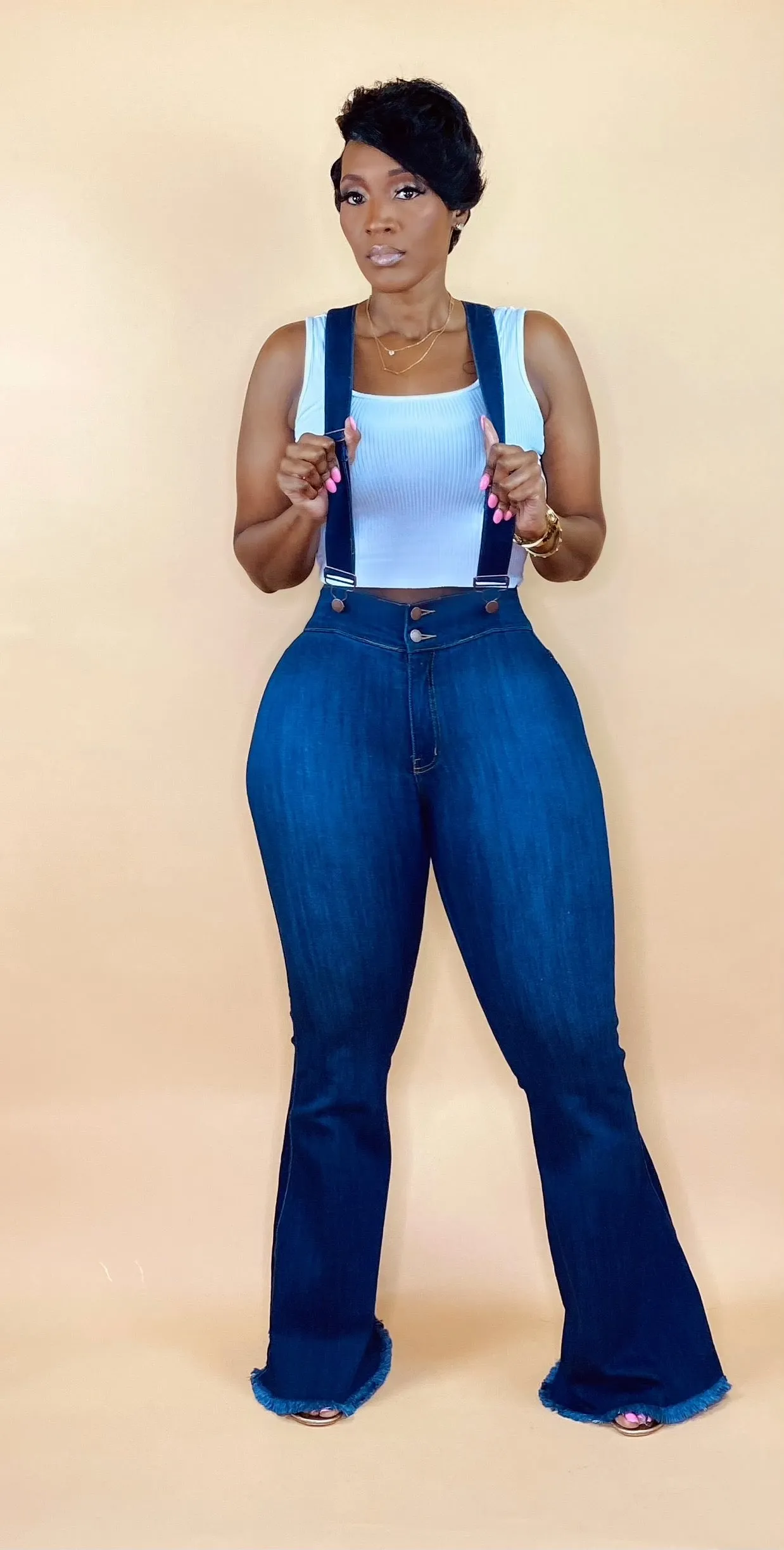 SUSPENDER FLARE DENIM JEANS