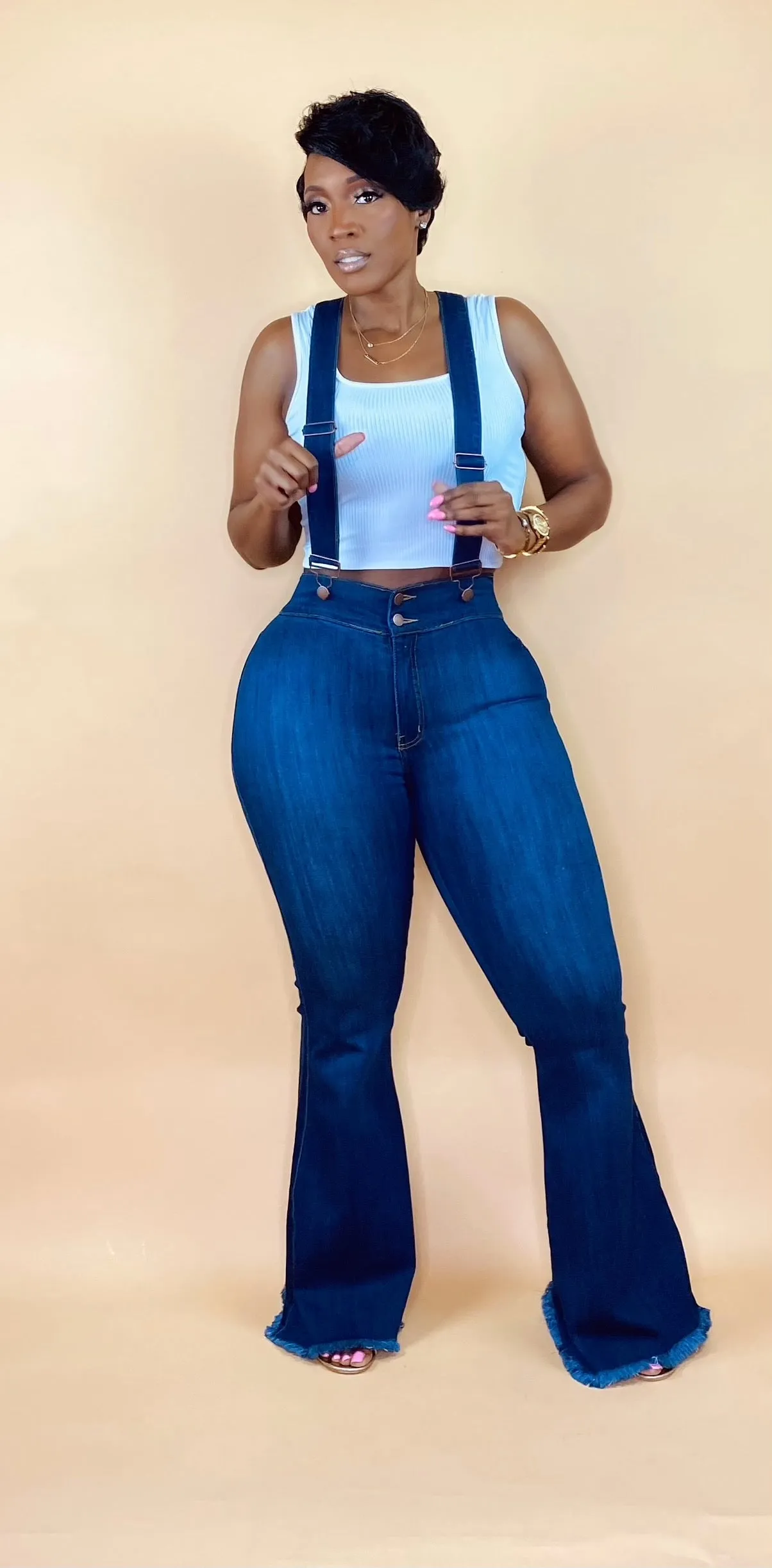SUSPENDER FLARE DENIM JEANS