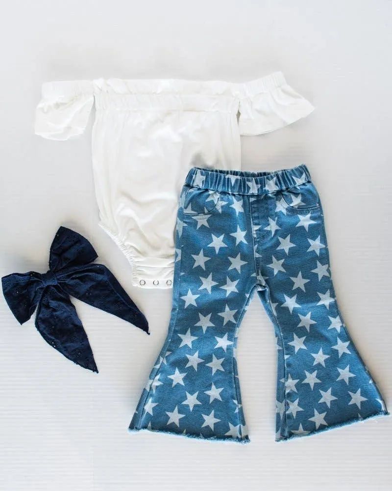 SUTTON STARSTRUCK DENIM BELL BOTTOMS - BLUE & WHITE-SALE