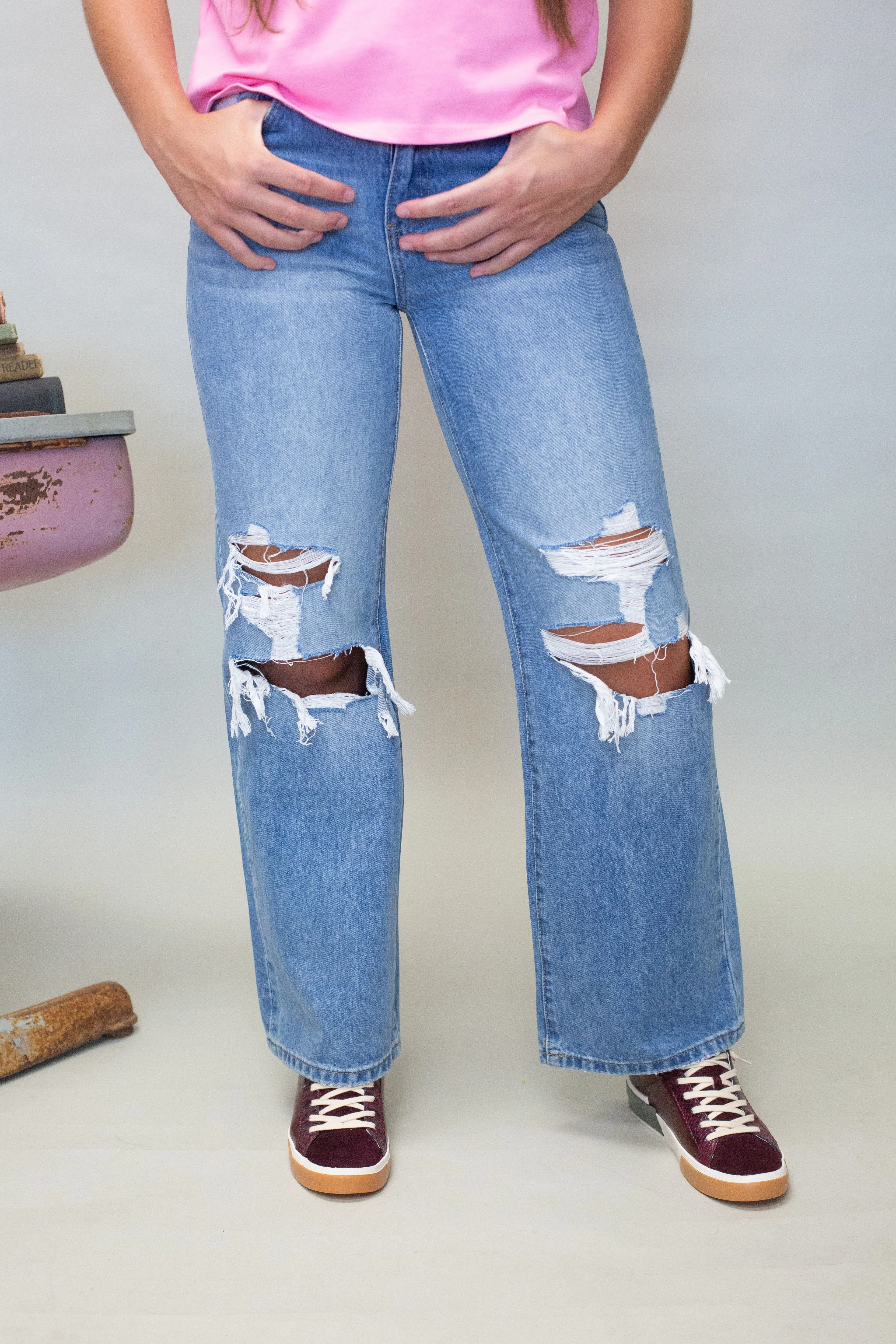 T6033 High Rise Distressed Wide Leg Jean