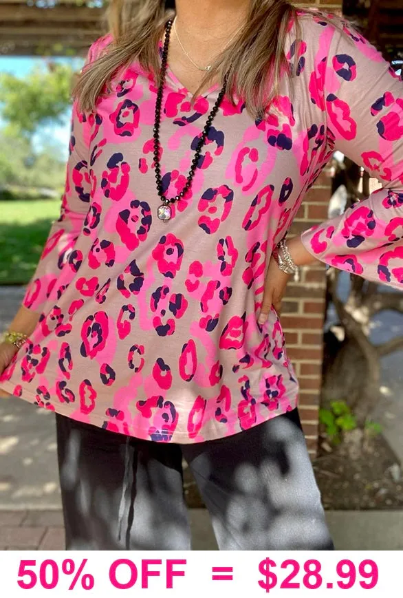 Taupe & Pink leopard bell sleeve top