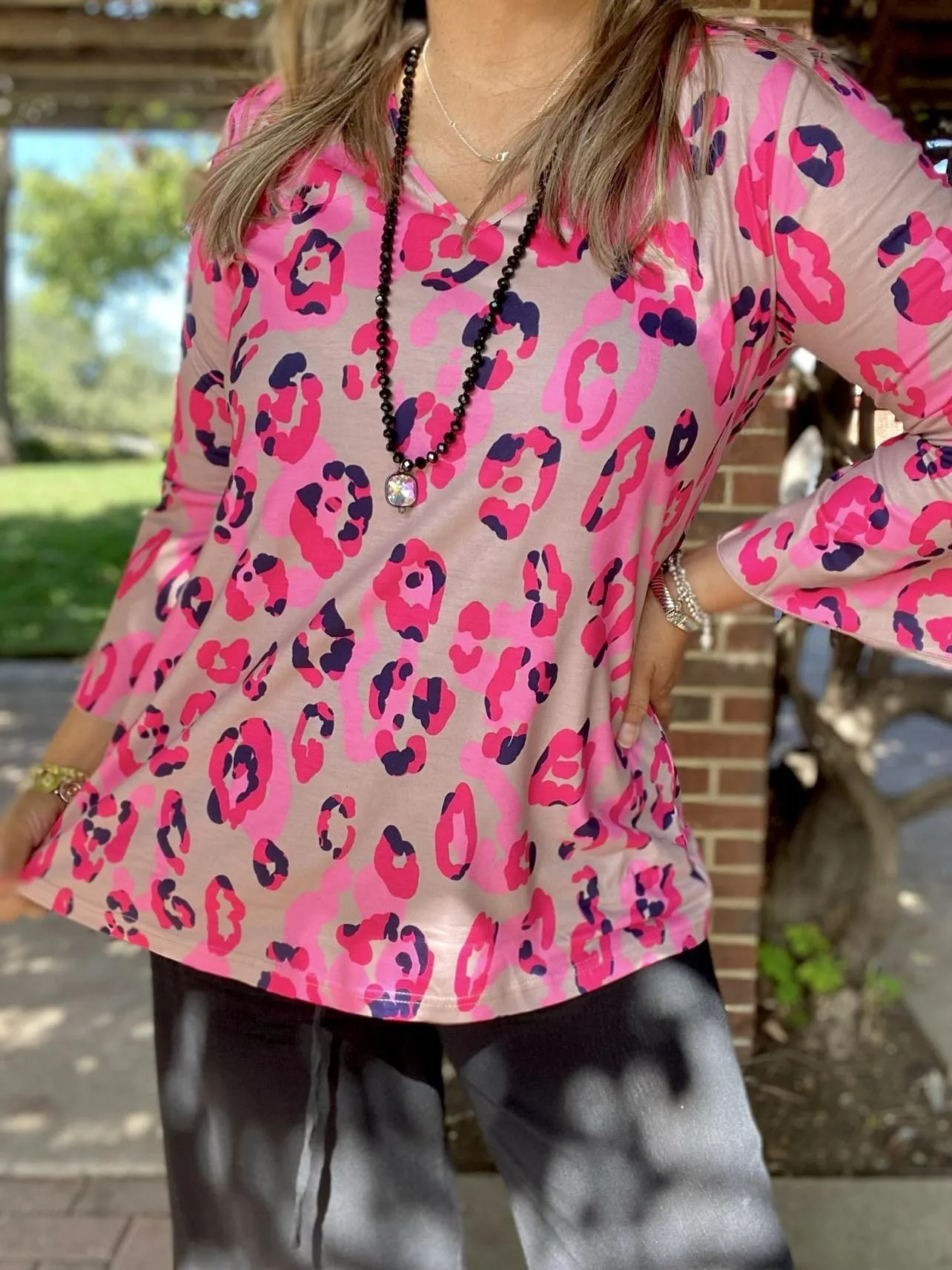 Taupe & Pink leopard bell sleeve top