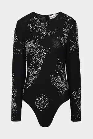 Tulle Splash Embroidered Bodysuit in Black