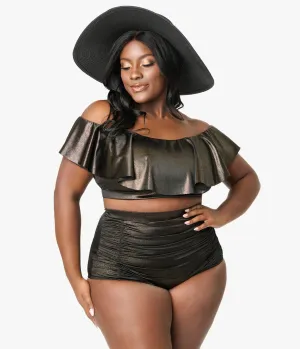 Unique Vintage Plus Size Black & Gold Shimmer Monroe High Waist Bikini Bottom