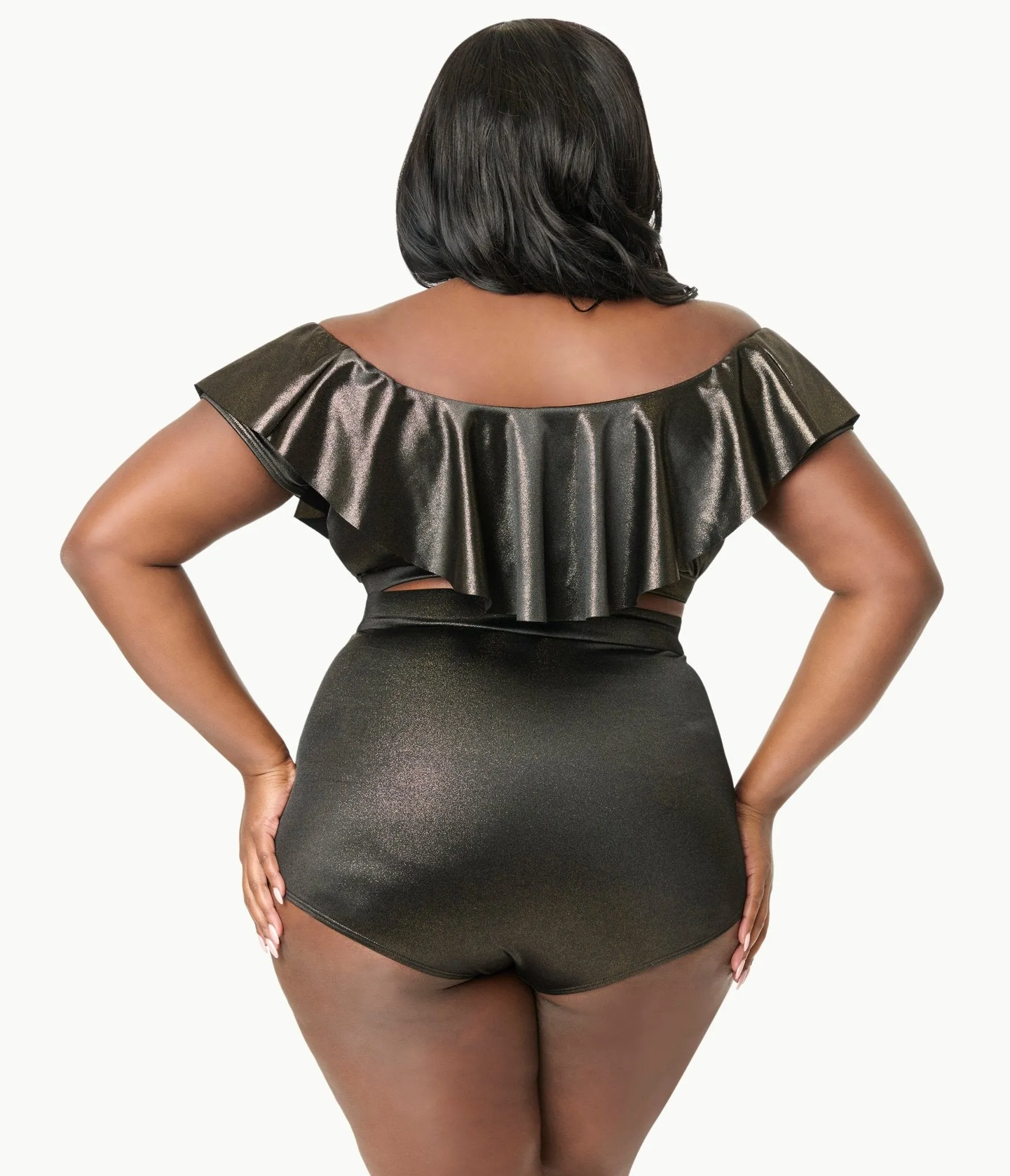 Unique Vintage Plus Size Black & Gold Shimmer Monroe High Waist Bikini Bottom