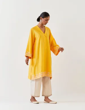 Varna mango yellow and champagne hand embroidered tunic and trouser set