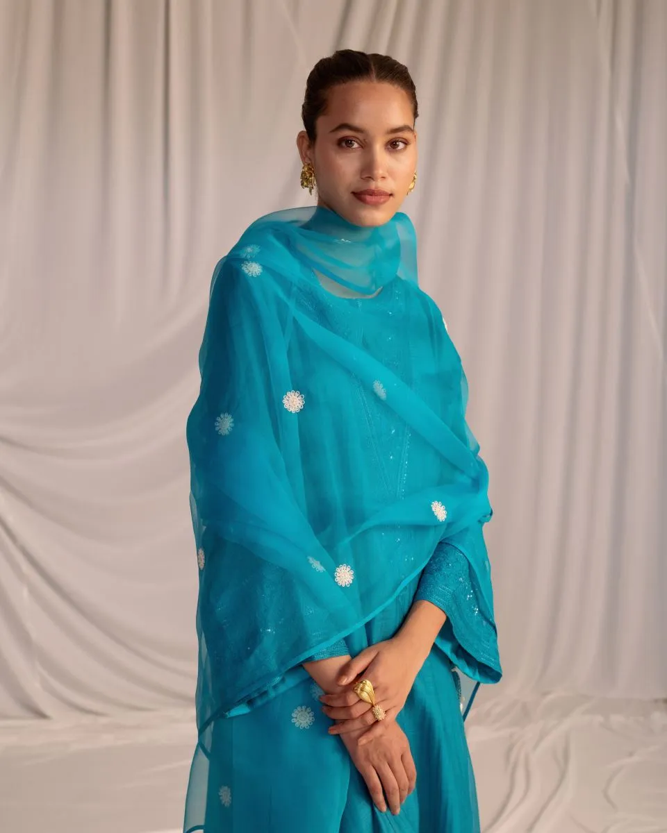 Varna turquoise blue embroidered dupatta