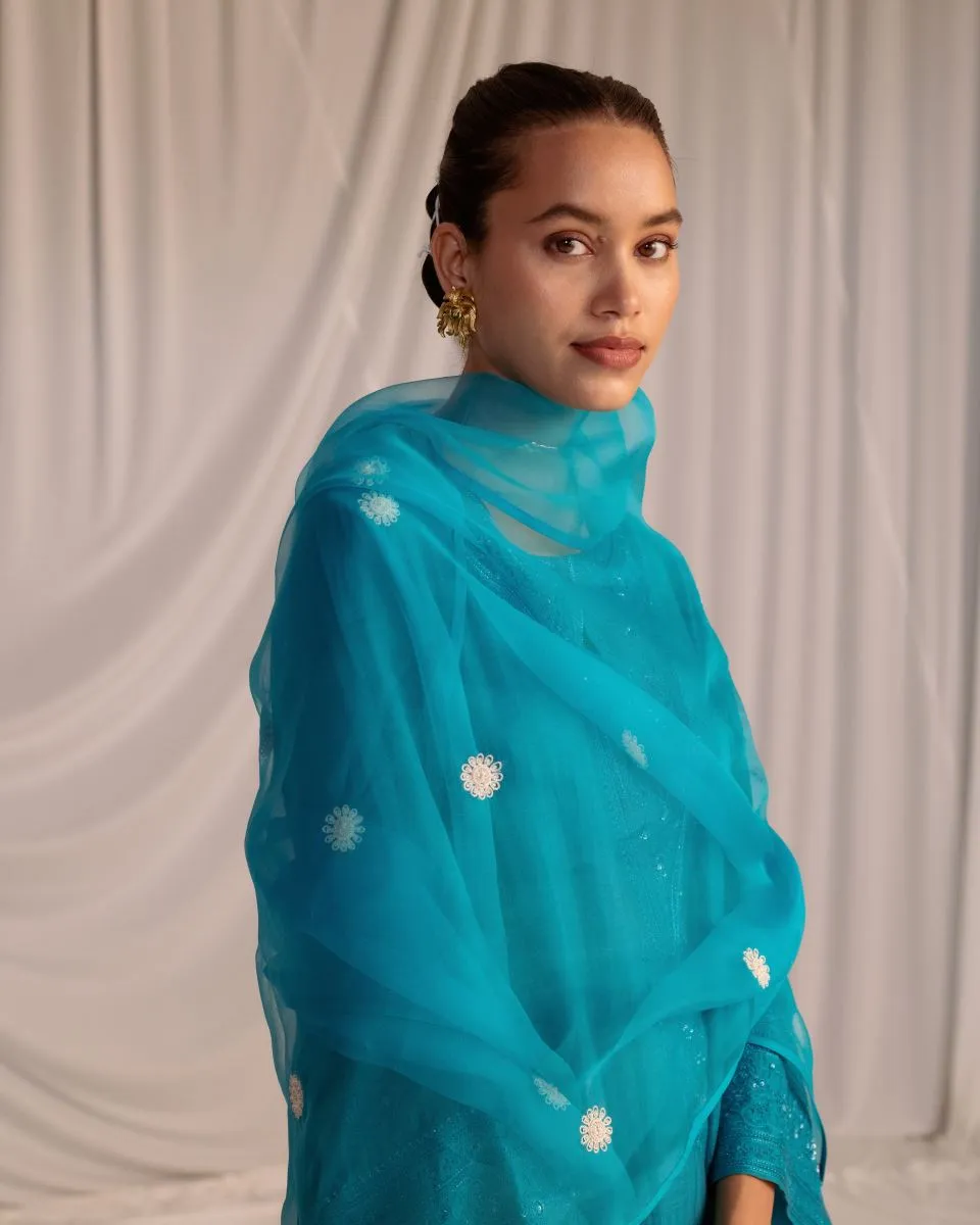 Varna turquoise blue embroidered dupatta