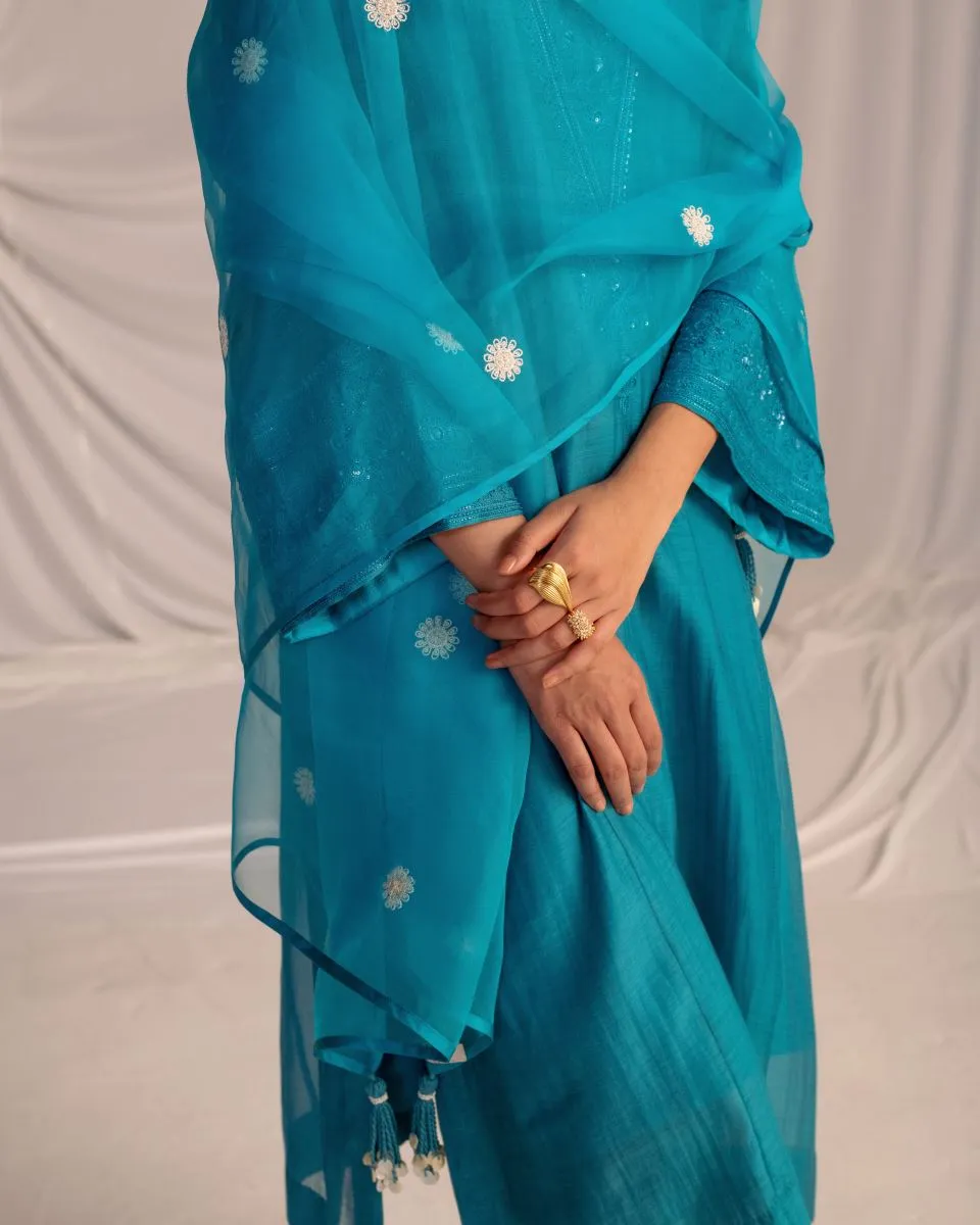 Varna turquoise blue embroidered dupatta