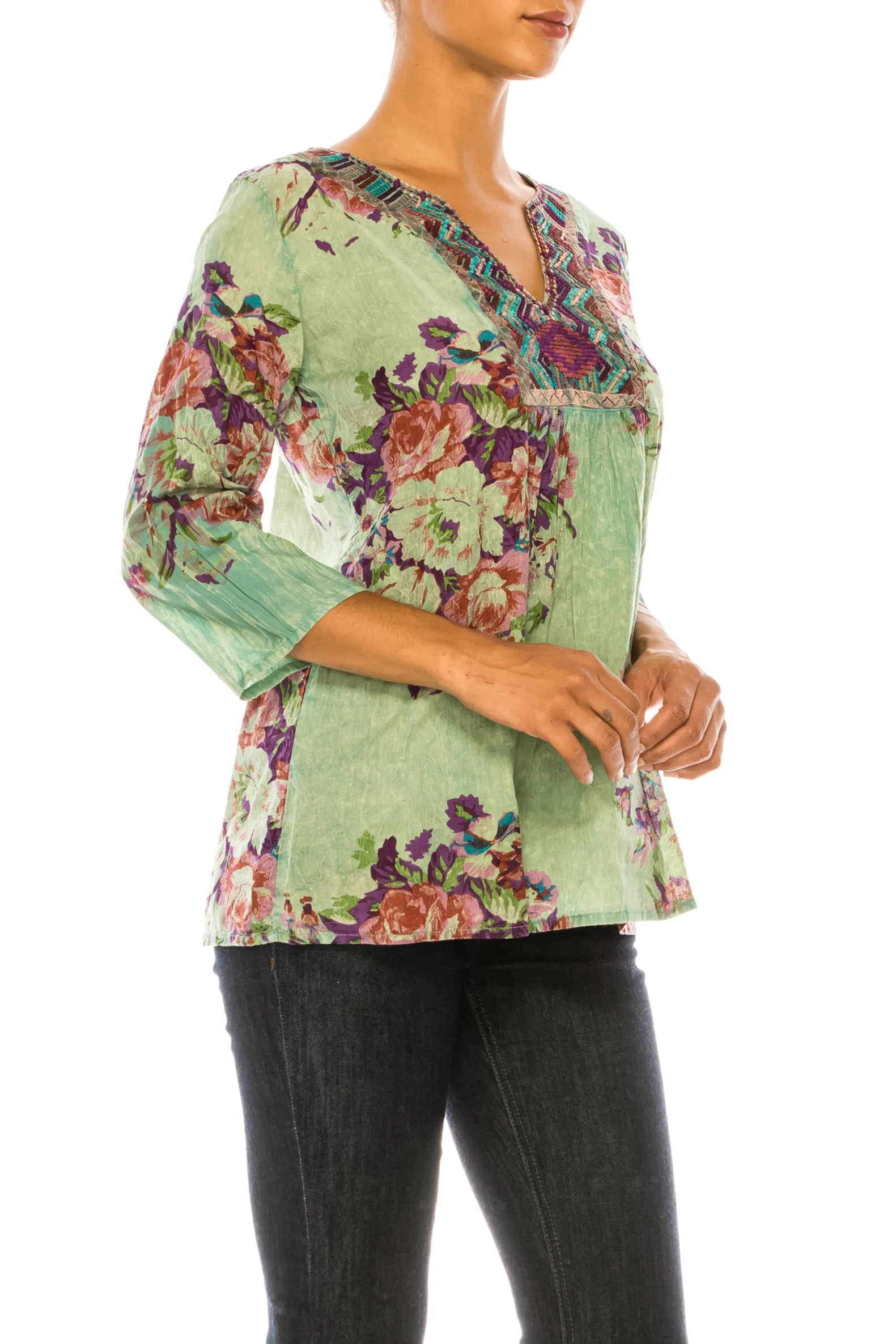Vintage Green Boho Floral Tunic with Embroidery