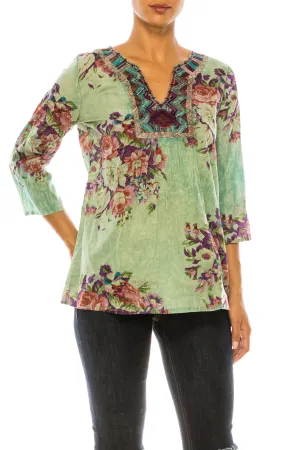 Vintage Green Boho Floral Tunic with Embroidery