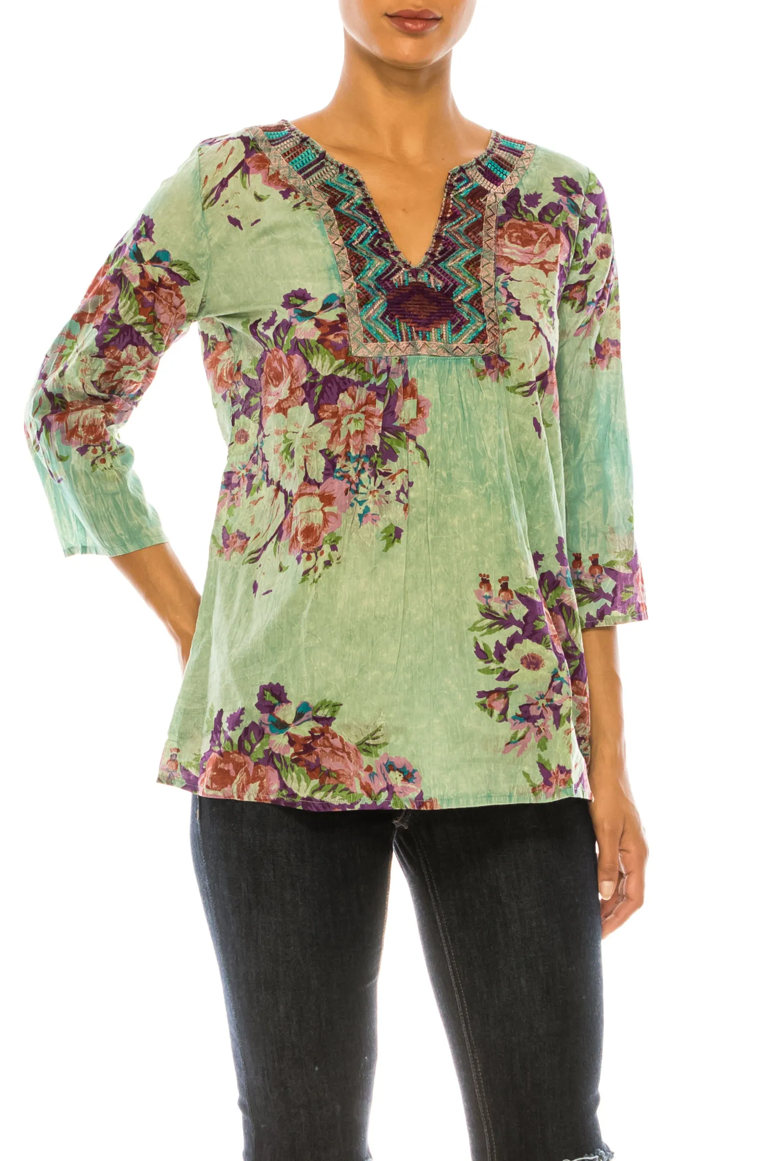 Vintage Green Boho Floral Tunic with Embroidery