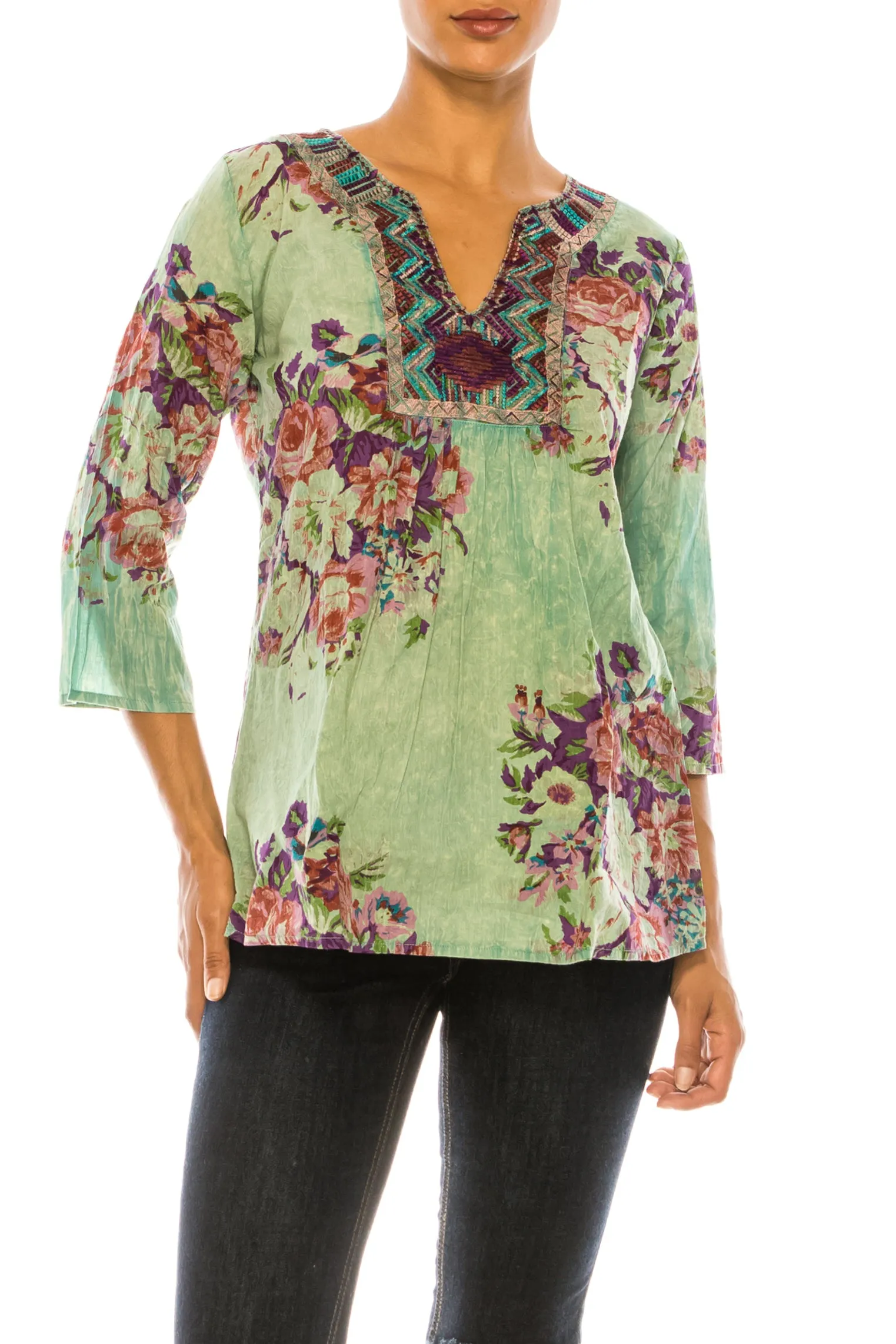 Vintage Green Boho Floral Tunic with Embroidery