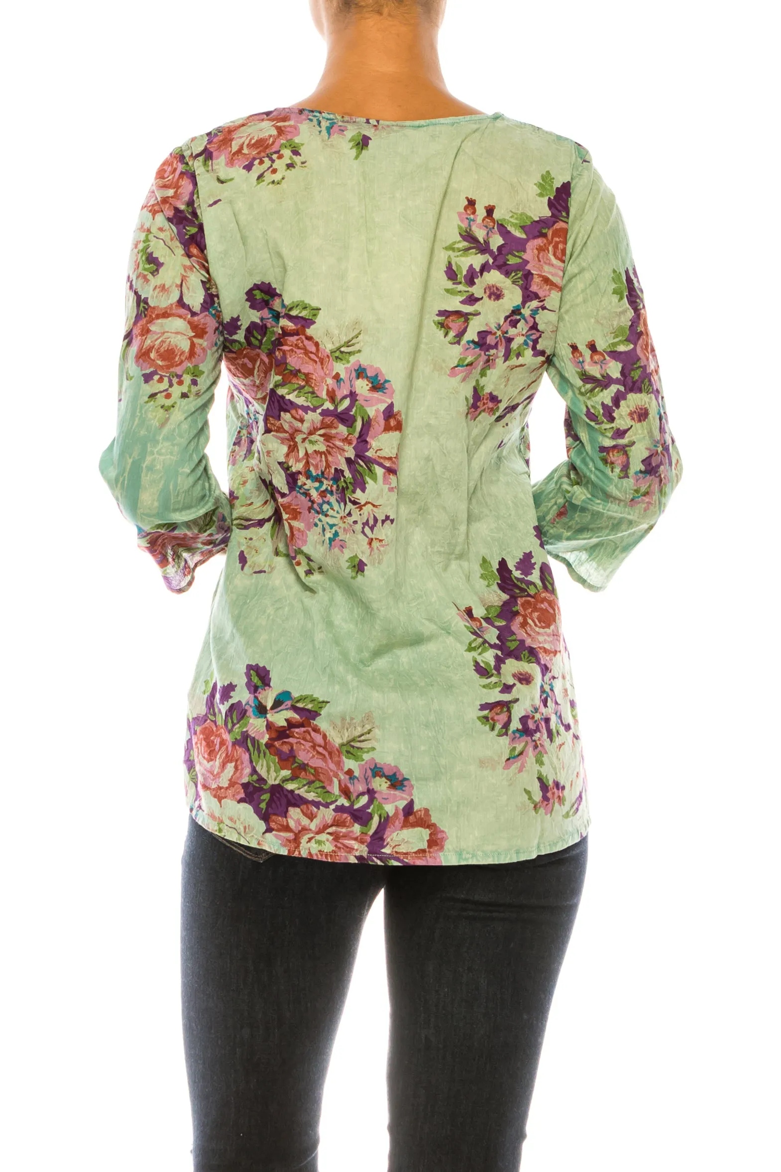 Vintage Green Boho Floral Tunic with Embroidery