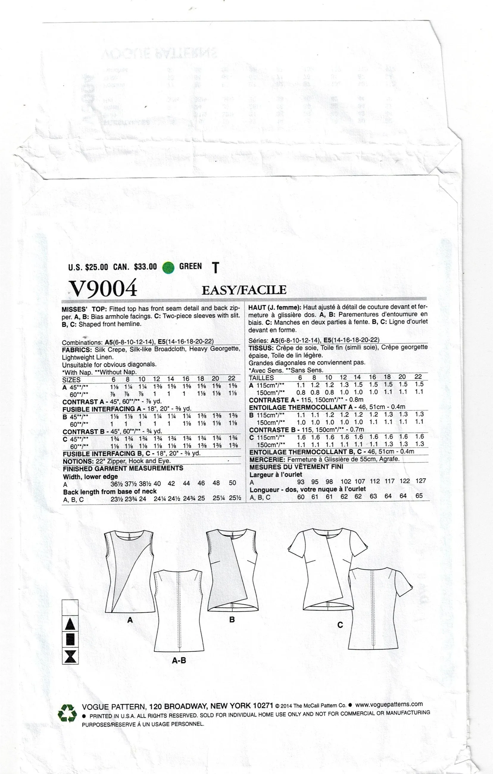 Vogue 9004 Womens Asymmetric Colour Block Tops Out Of Print Sewing Pattern Size 14 - 22 UNCUT Factory Folded