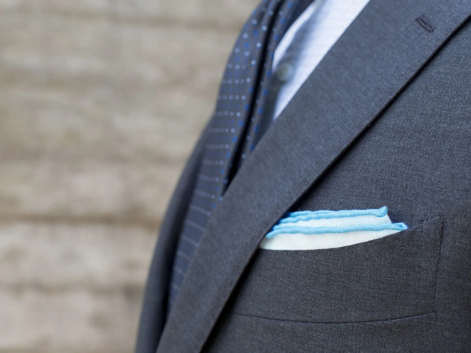 White / Azure Blue Stitched Pocket Square - [2017 Spring]