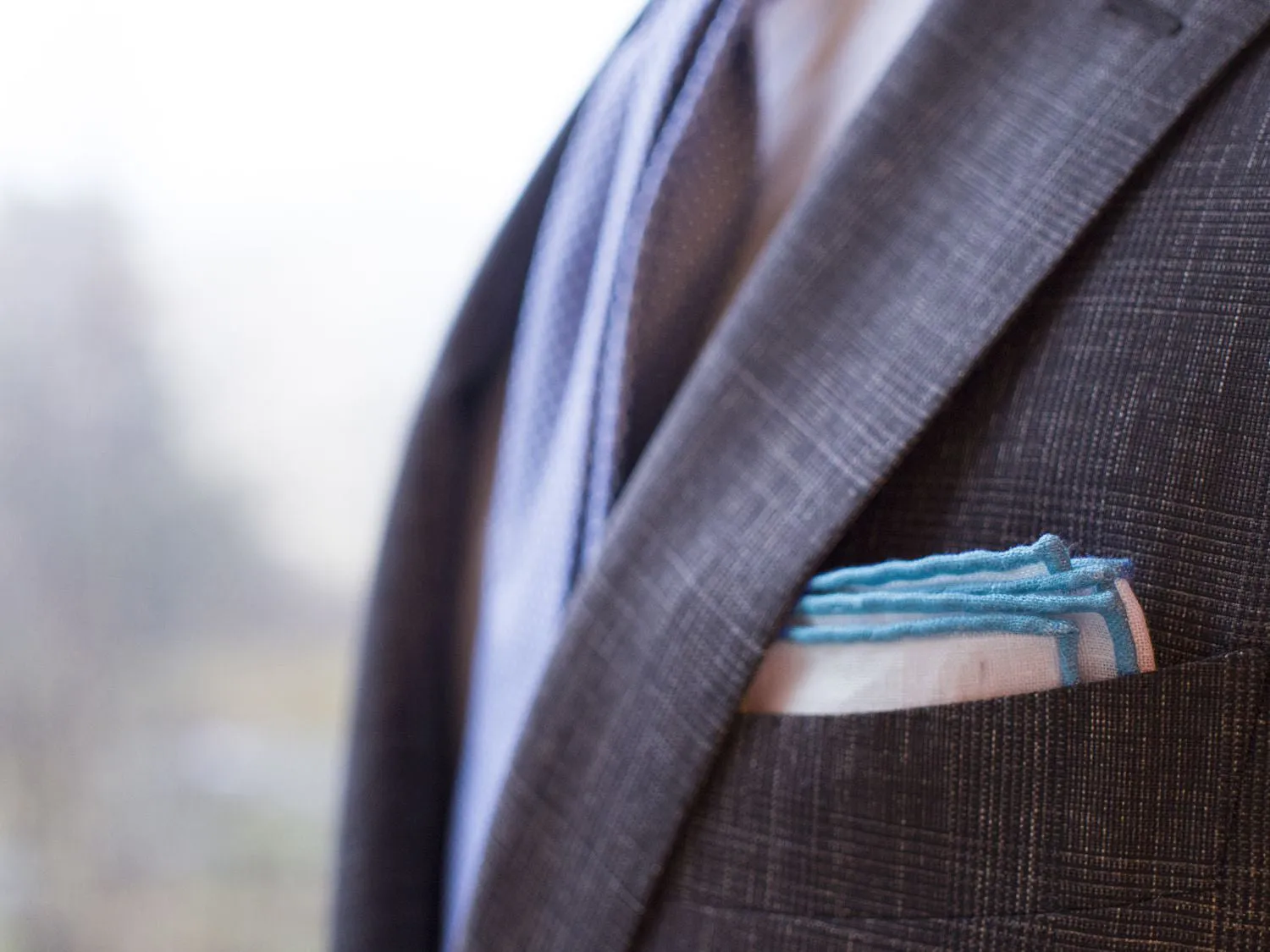 White / Azure Blue Stitched Pocket Square - [2017 Spring]