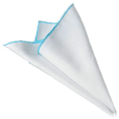 White / Azure Blue Stitched Pocket Square - [2017 Spring]