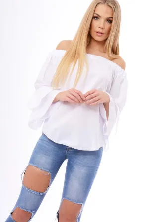 White Bardot Frill Sleeve Top - Ruth