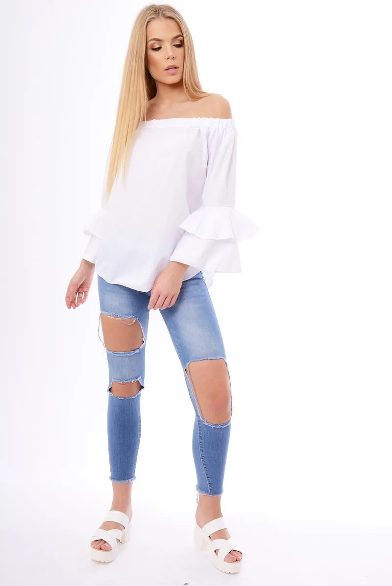 White Bardot Frill Sleeve Top - Ruth