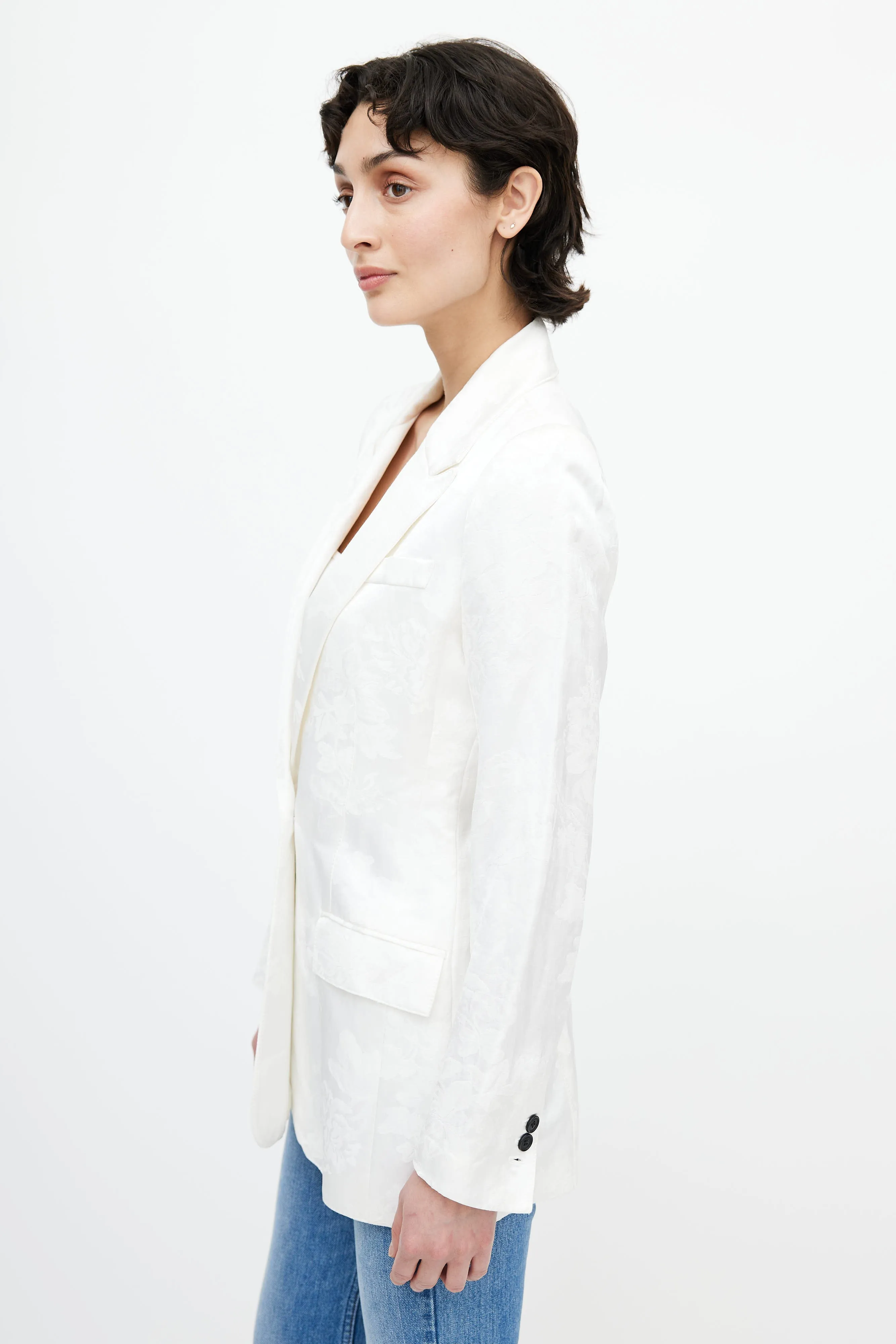 White Floral Woven Blazer