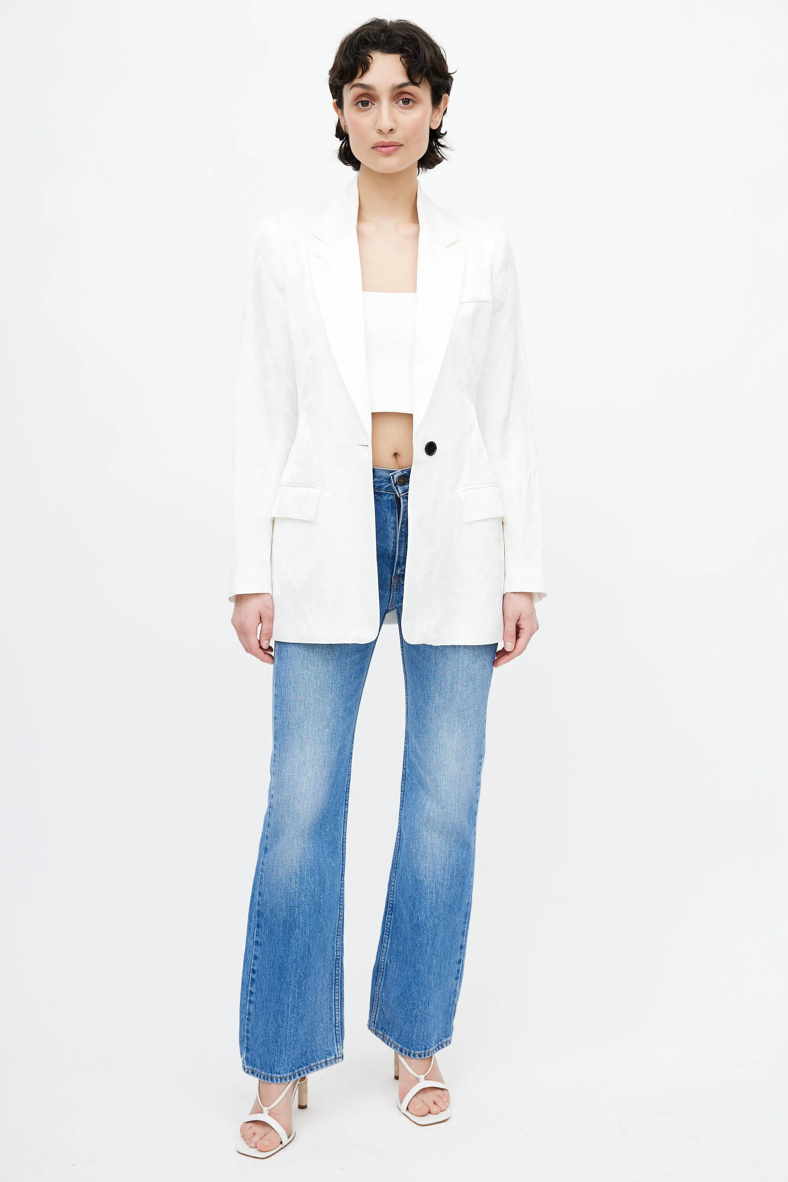 White Floral Woven Blazer