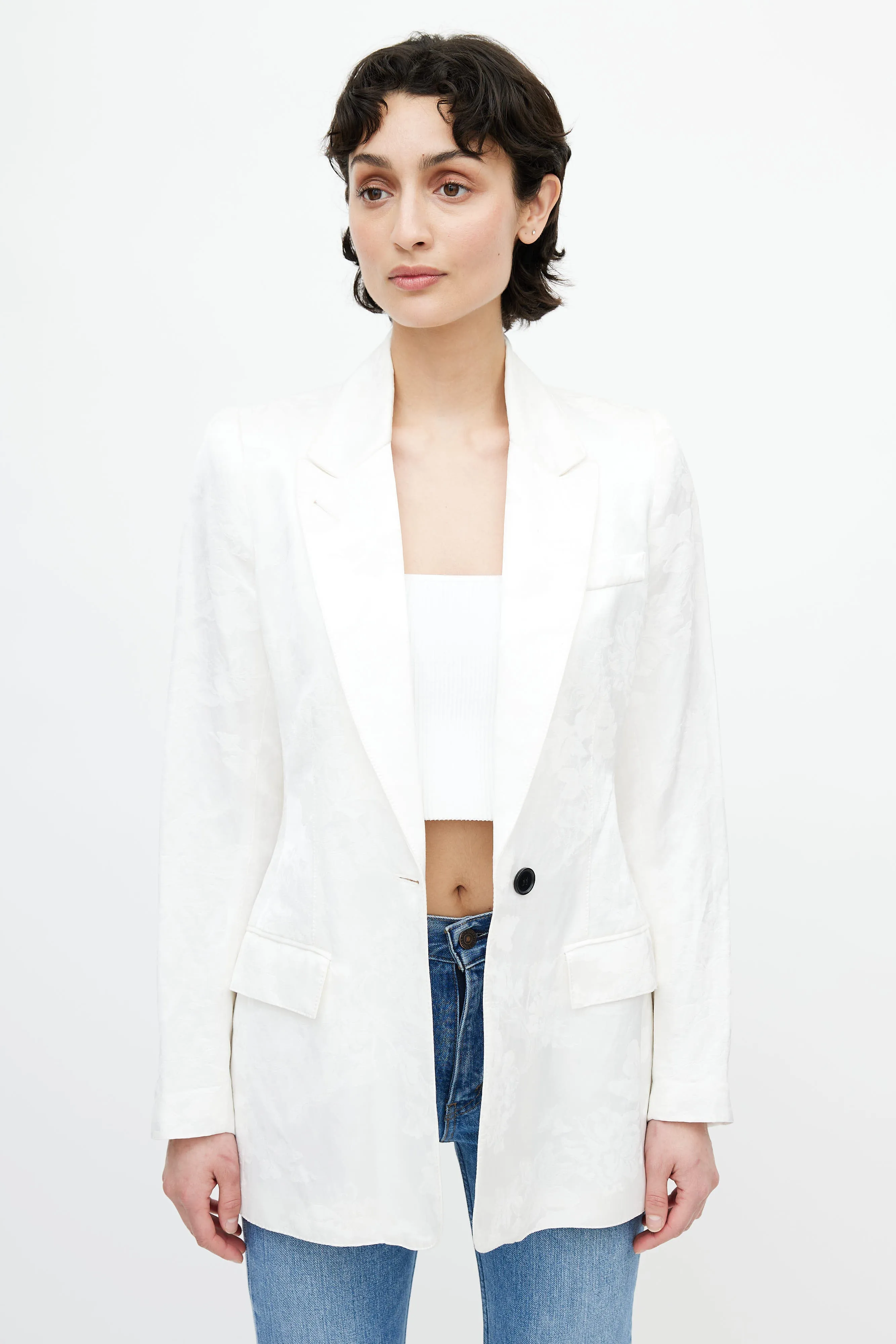 White Floral Woven Blazer