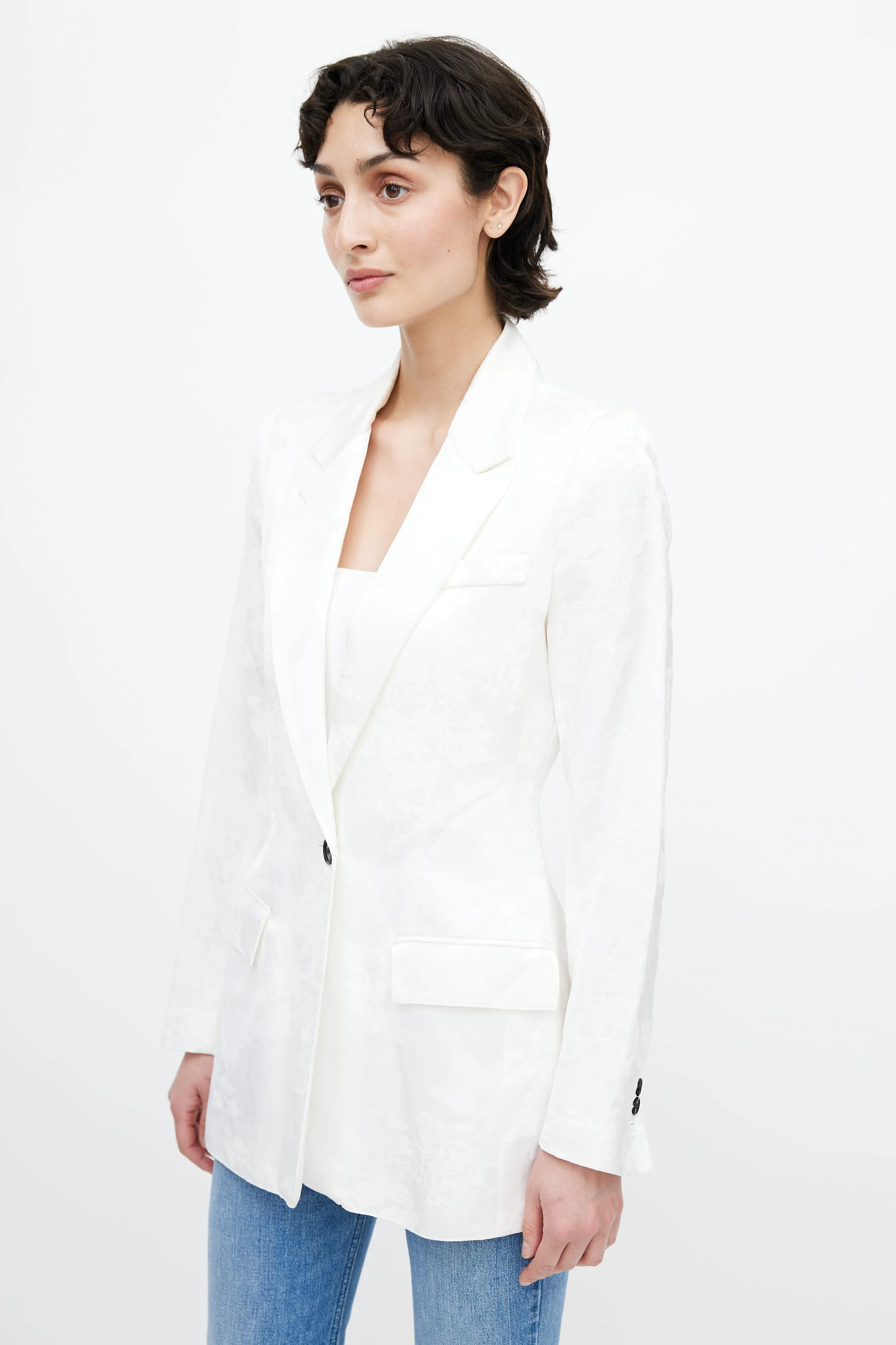 White Floral Woven Blazer