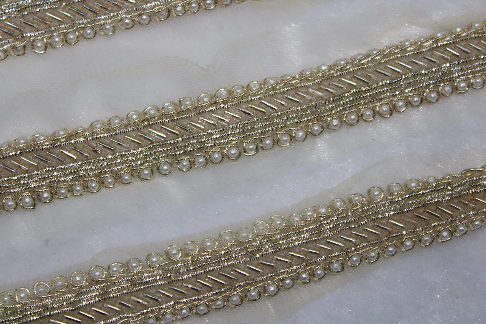 White Golden Pearl Embellished Handwork Trim (Wholesale)