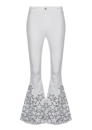 White High Waist Bell Bottom Flare Jeans with Star Embroidery