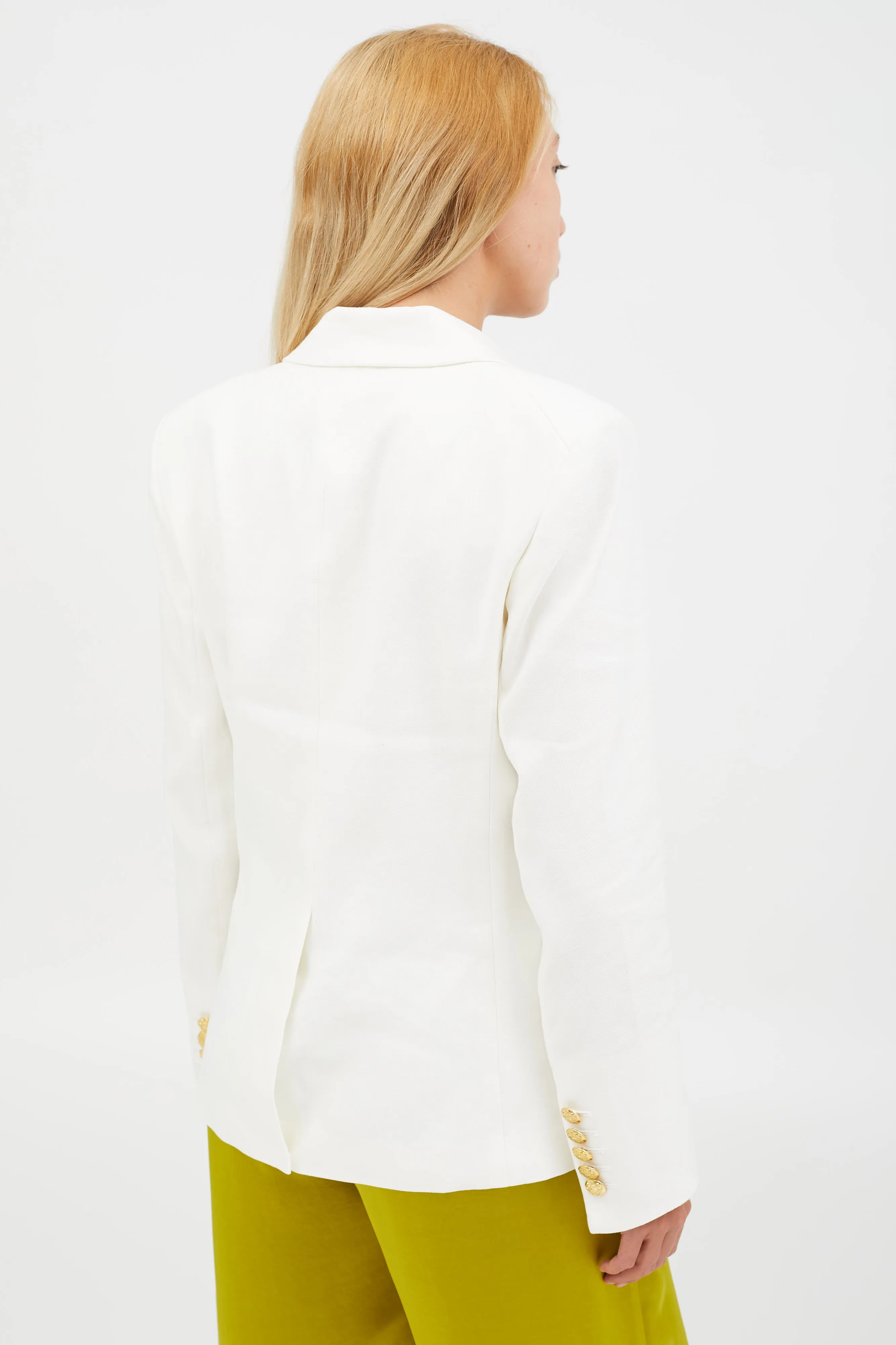 White Linen Gold Button Blazer
