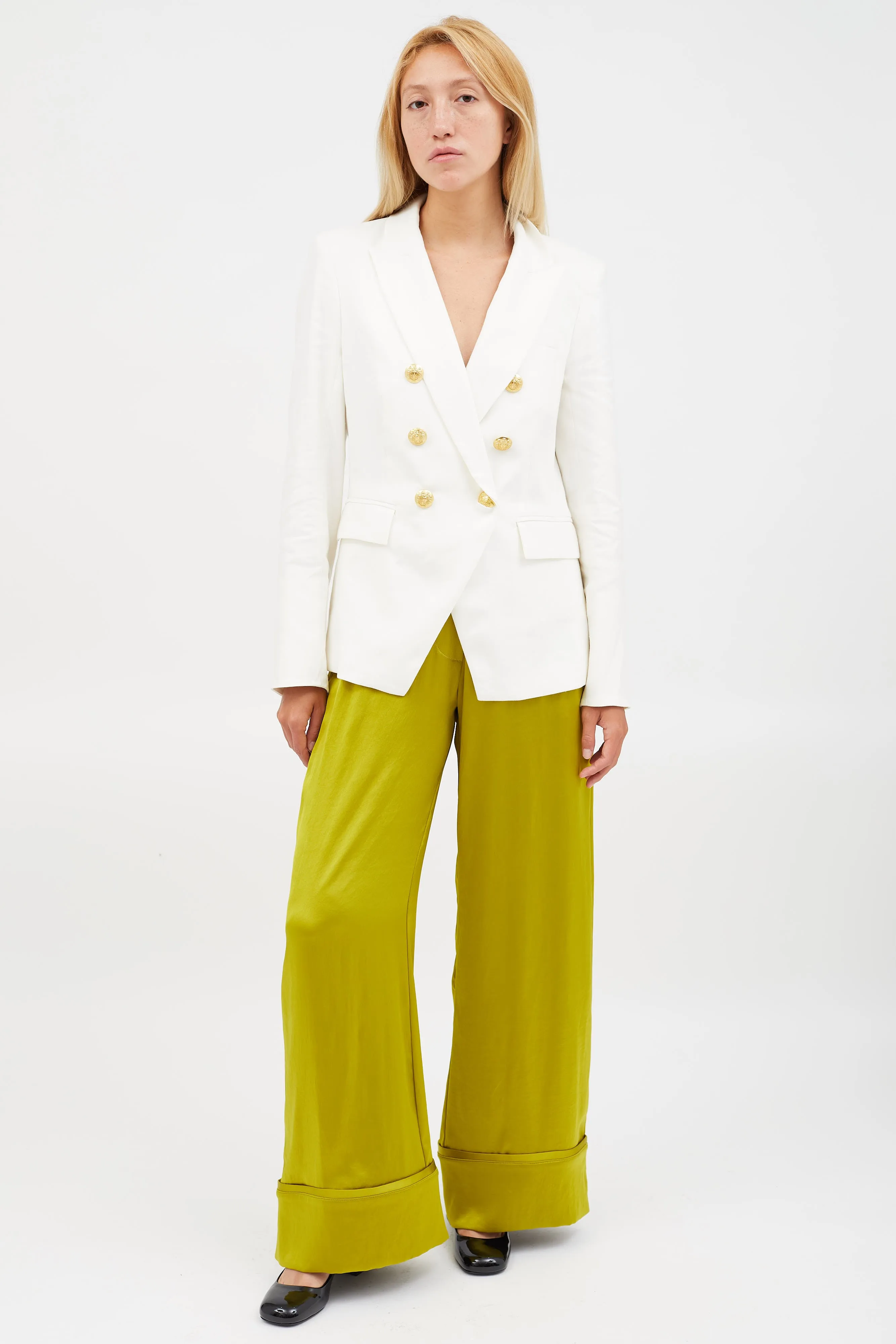 White Linen Gold Button Blazer