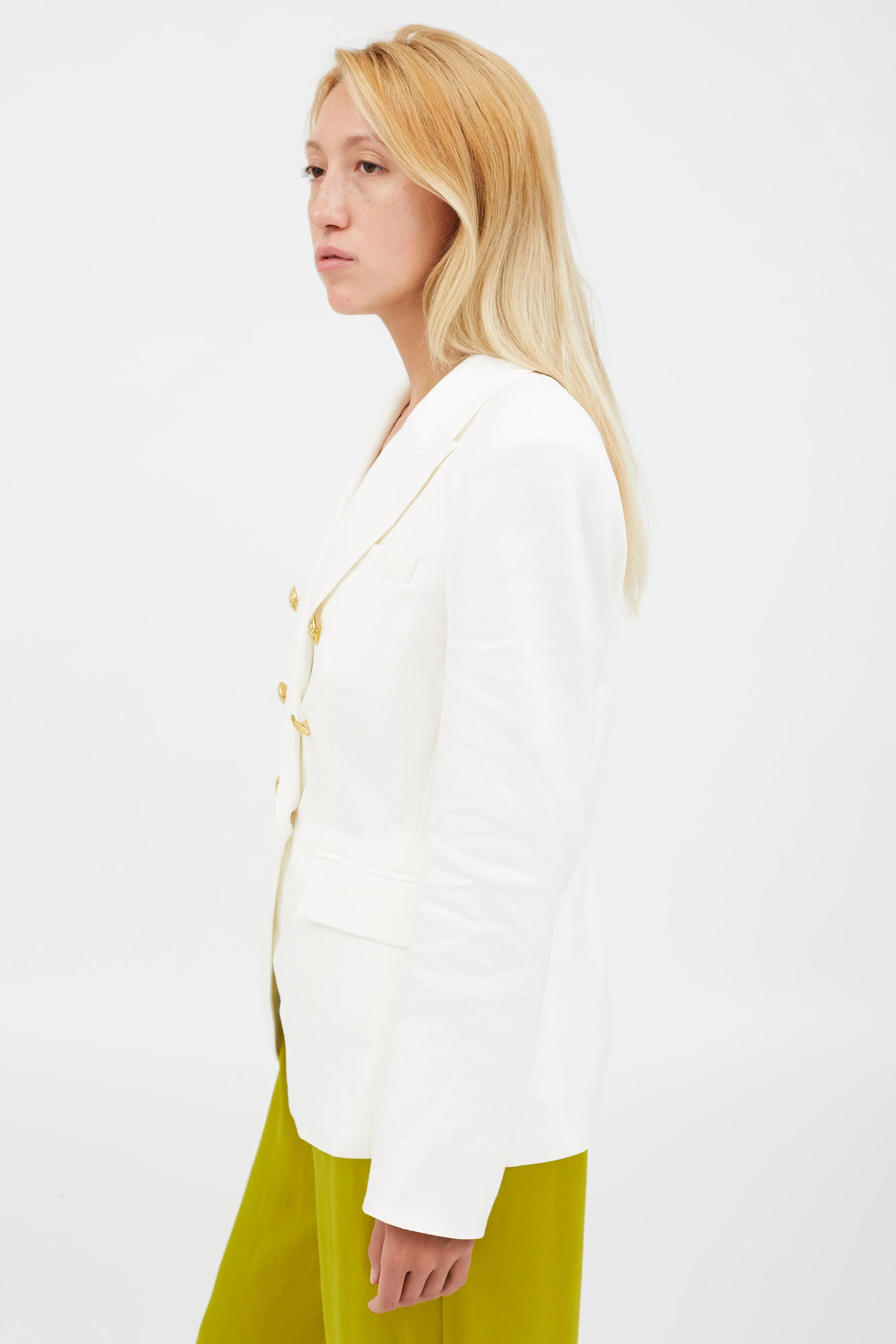 White Linen Gold Button Blazer