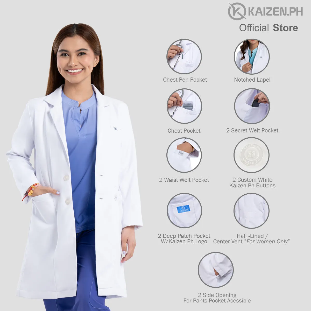 White Medical Coat (LONG) KML-01 Men and Women LUMINA PRO Fabric