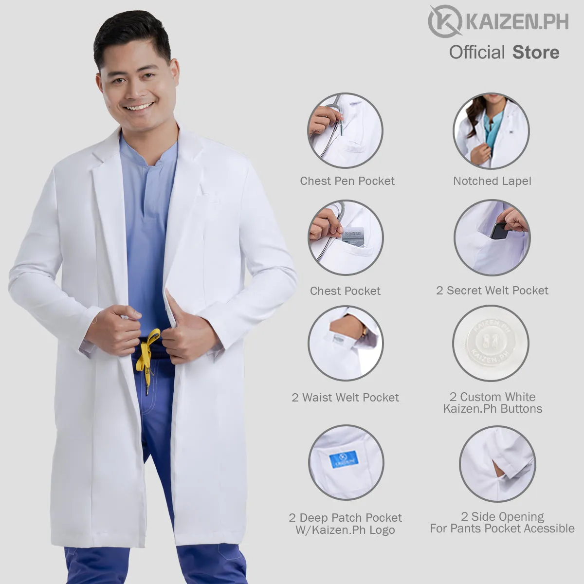White Medical Coat (LONG) KML-01 Men and Women LUMINA PRO Fabric