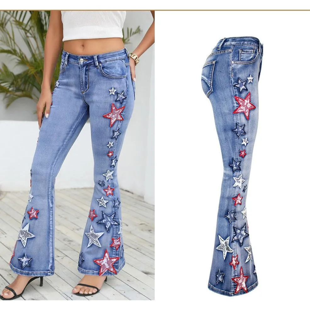Wide-Leg Denim Bell-Bottom Pants