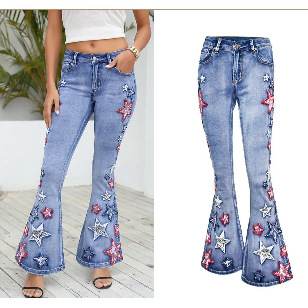 Wide-Leg Denim Bell-Bottom Pants